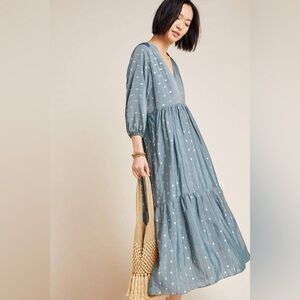 Anthropologie Enchanting Blue Maxi Dress with Golden Dot Accents - Size S A07